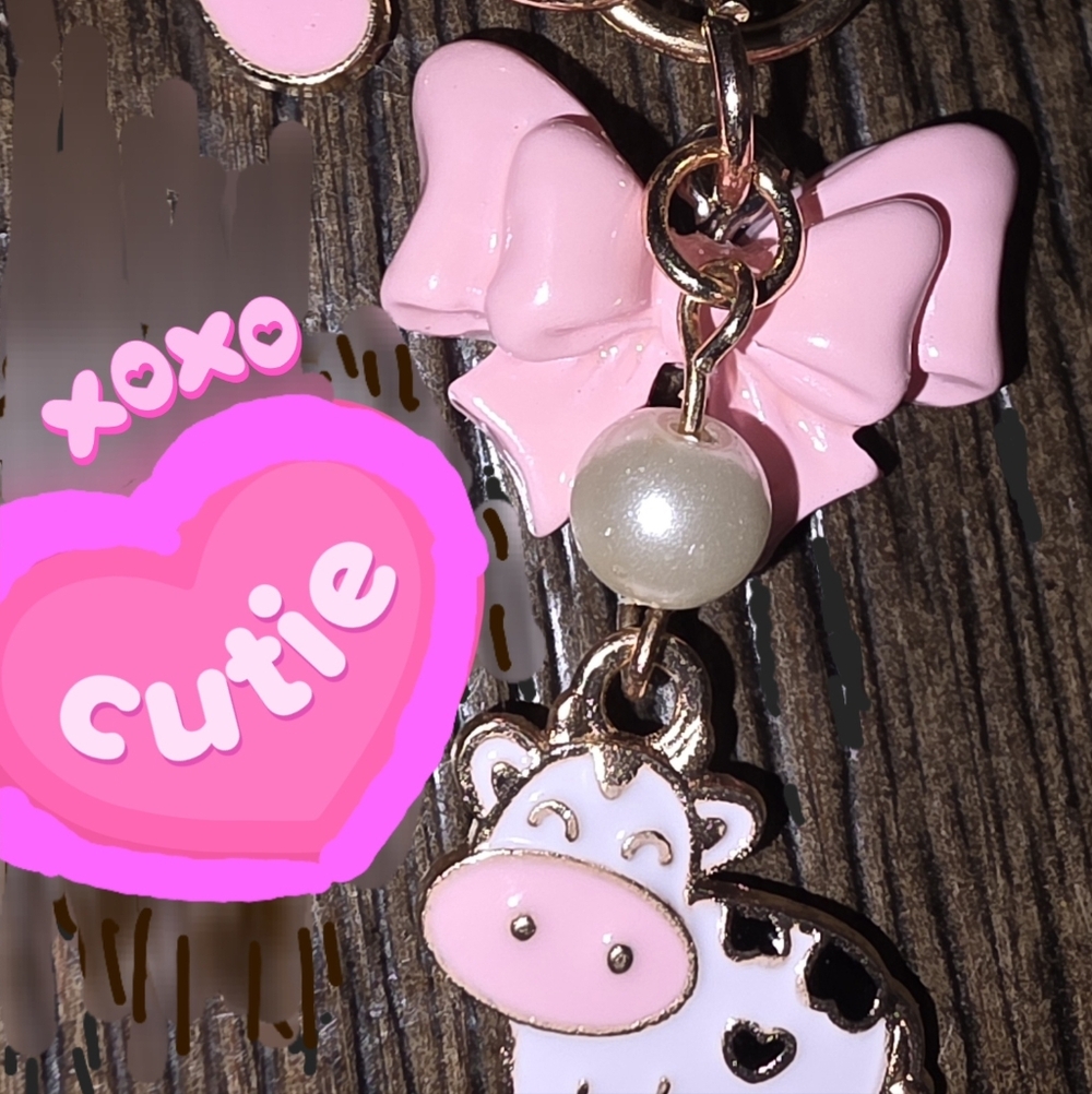 Pink Bow and Cow Charm Keychain